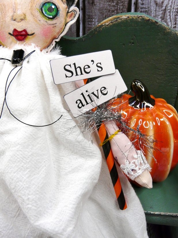 The bride art doll - Frankenstein's wife with sign