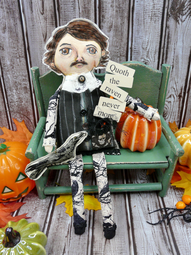 POE painted Art doll - Edgar allen prim primitive raven Edgar allen Poe artdoll - raven sign art doll