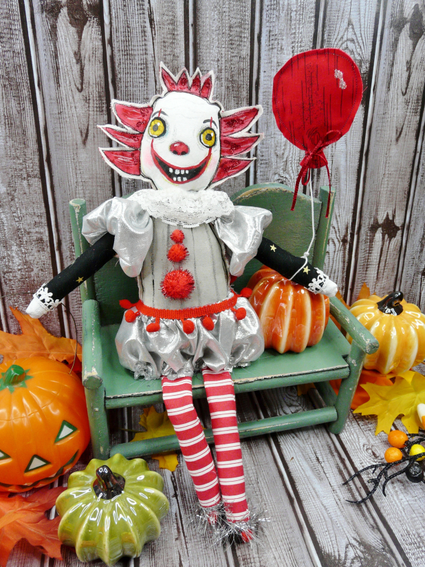 Pennywise it Halloween painted ART doll - clown monster prim primitive dolly art dancing Clown art doll- hand painted scary it creature