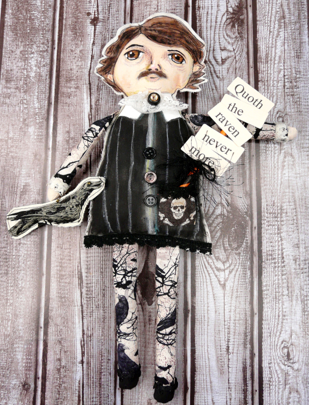 POE painted Art doll - Edgar allen prim primitive raven Edgar allen Poe artdoll - raven sign art doll