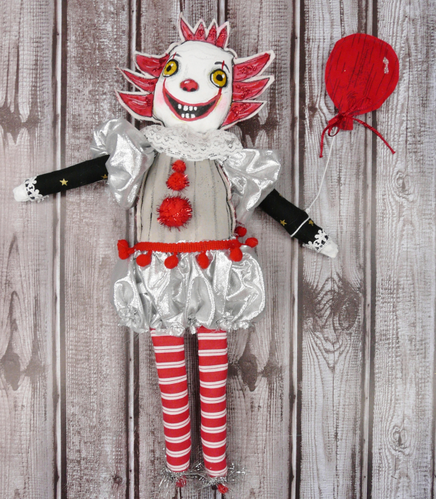 Pennywise it Halloween painted ART doll - clown monster prim primitive dolly art dancing Clown art doll- hand painted scary it creature