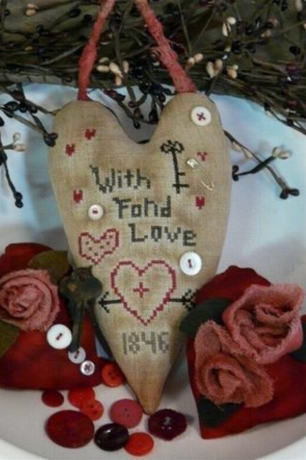 WITH FOND LOVE VALENTINE cross-stitch hearts Pattern