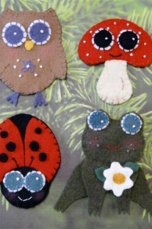 Woodland animals wool PINS Pattern owl frog ladybug mushroom