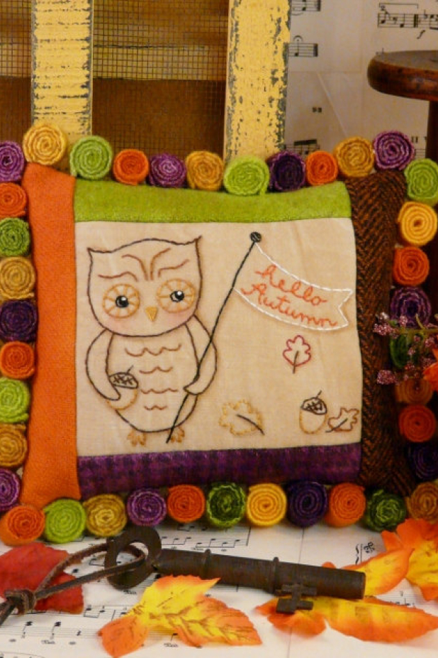 Hello Autumn Owl embroidery wool pillow pattern Hello Autumn Owl embroidery wool pillow pattern