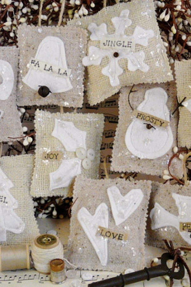Prim French Country Christmas ornaments pattern burlap linen