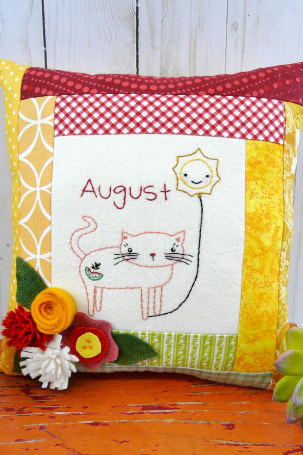August Kitty Cat Embroidery pillow pattern #397 kitty cat holding the month of august hot balloon
