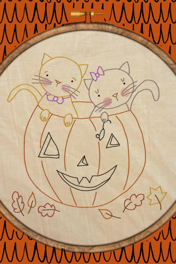 Boo-tiful Halloween kitty cat couple Stitchery Pattern - embroidery design p