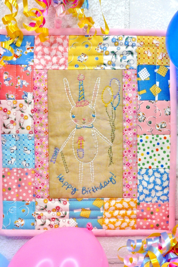 Happy Birthday Bunny embroidery quilt Pattern PDF - rabbit balloons gift hat han