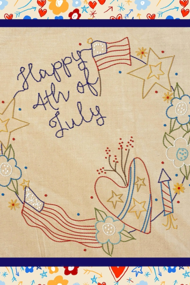 Happy 4th of July Wreath American embroidery Pattern - primitive patriotic p