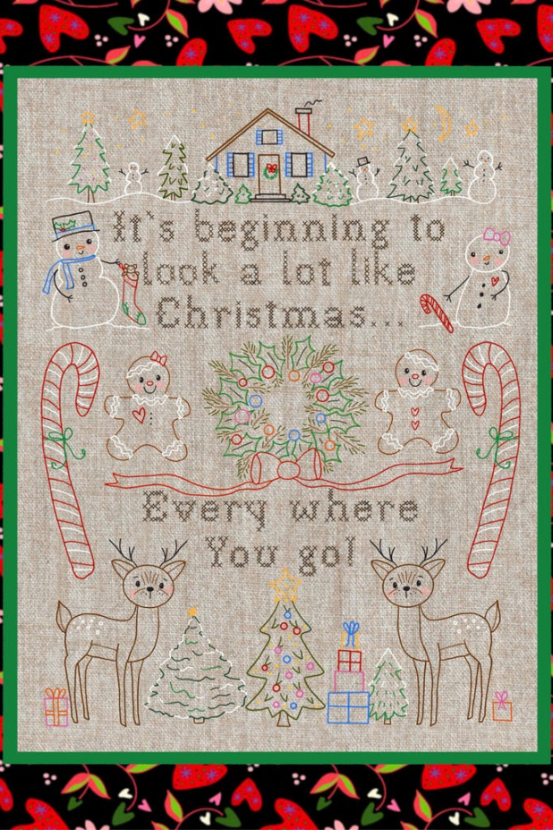 Christmas vintage like design embroidery pattern sampler wreath Christmas Day Sampler Embroidery Pattern - faux cross stitch 446 design gingerbr