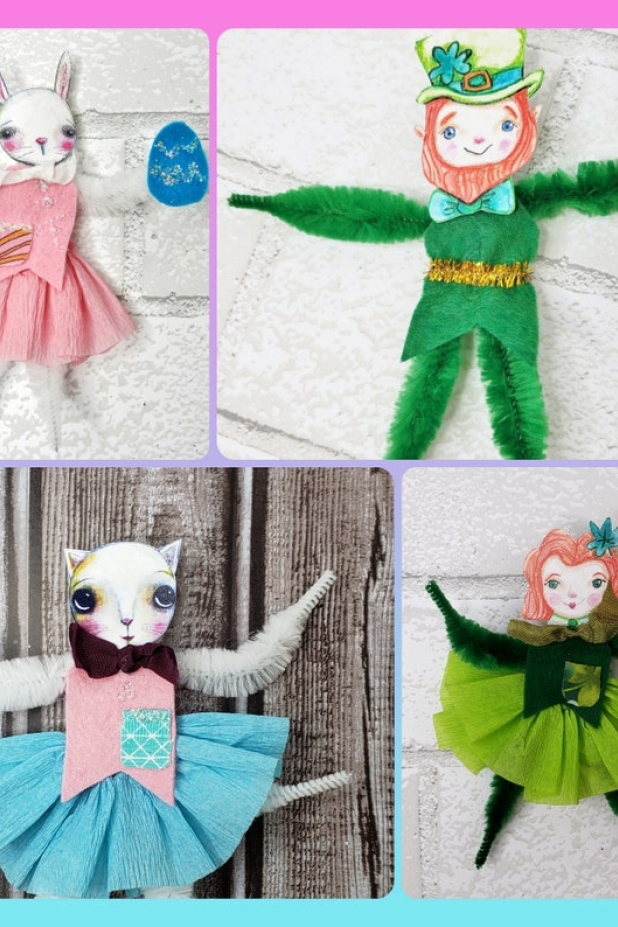 Chenille stem doll ornies pattern Easter St. Patrick's day bunny cat ornaments chenille stem dolls
