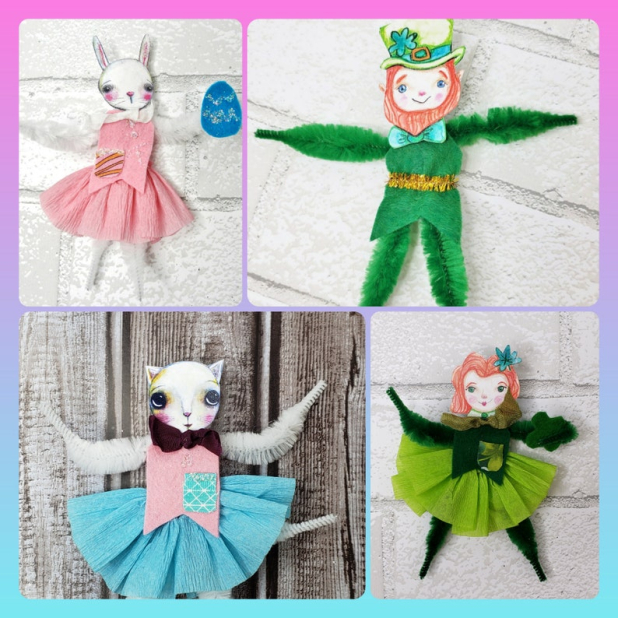 Chenille stem doll ornies pattern Easter St. Patrick's day bunny cat ornaments chenille stem dolls