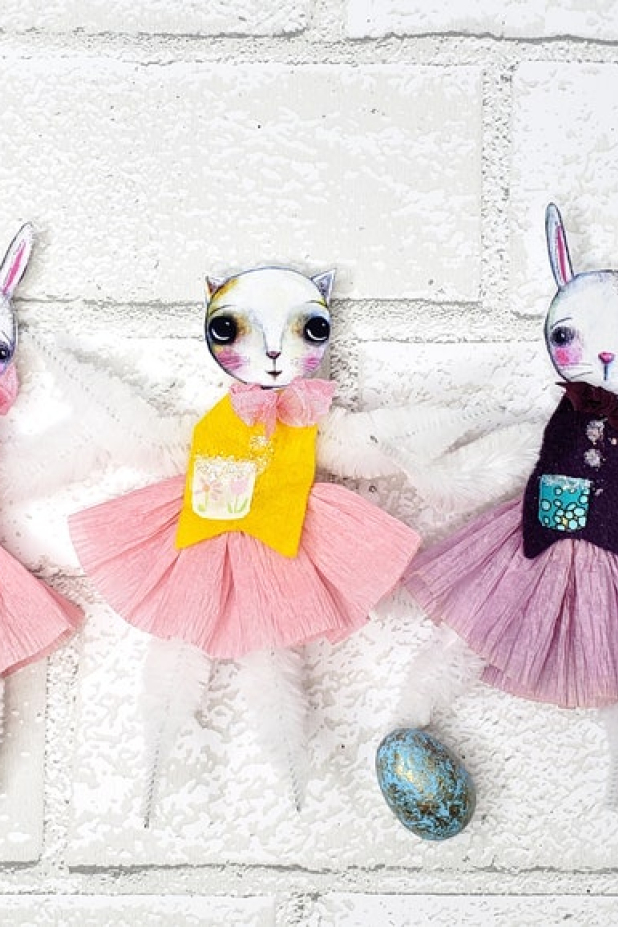 Chenille stem doll ornies pattern Easter St. Patrick's day bunny cat ornaments chenille stem dolls