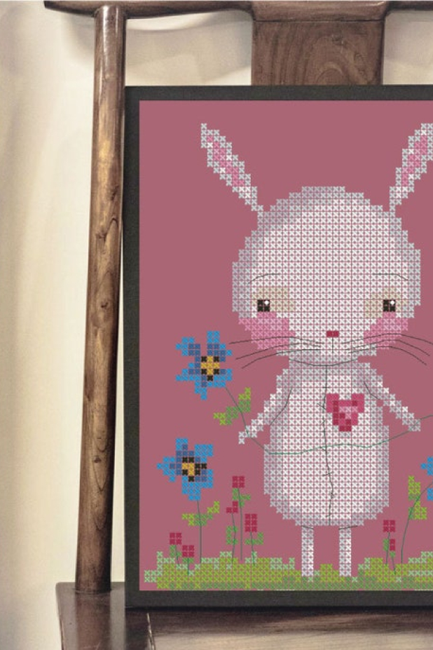 Little Bunny rabbit among flowers cross stitch Pattern cross stitch Easter spring bunny rabbit design pattern
