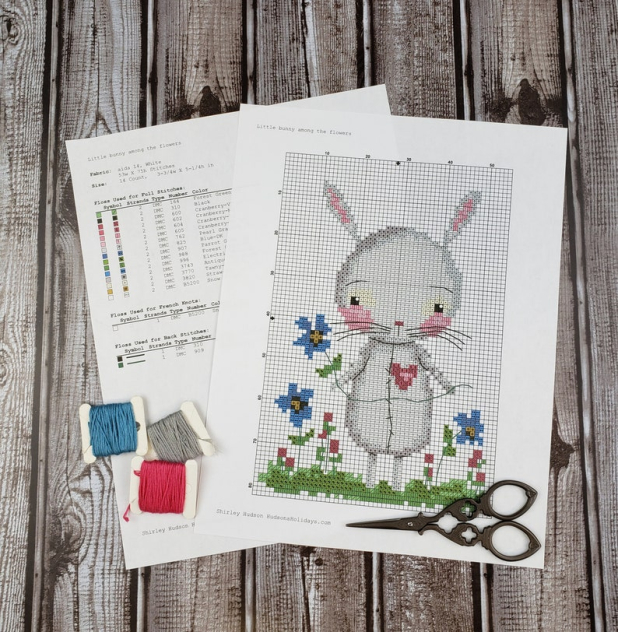Little Bunny rabbit among flowers cross stitch Pattern cross stitch Easter spring bunny rabbit design pattern