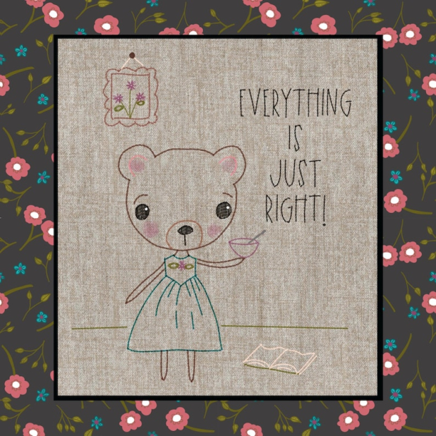 Everything is just right Stitchery Pattern Goldi Bear- just right hand embroidery design pattern