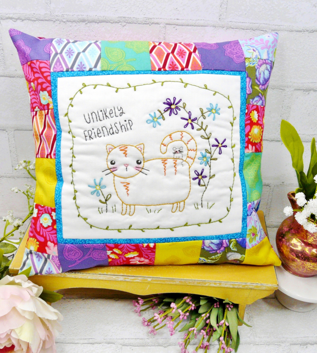Unlikely friendship Cat & Mouse embroidery pillow Pattern Friends kitty cat & mouse hand embroidery design pattern