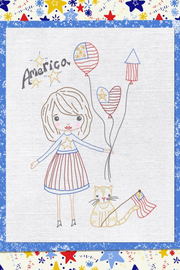 Celebrating American girl embroidery Patriotic Americana girl with balloons embroidery pattern