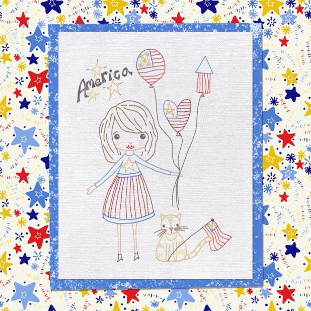 Celebrating American girl embroidery Patriotic Americana girl with balloons embroidery pattern