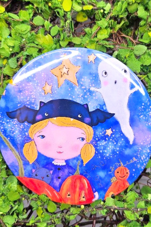 Halloween bat girl art button 3 inches - Pin Painting Print - art artwork vibran