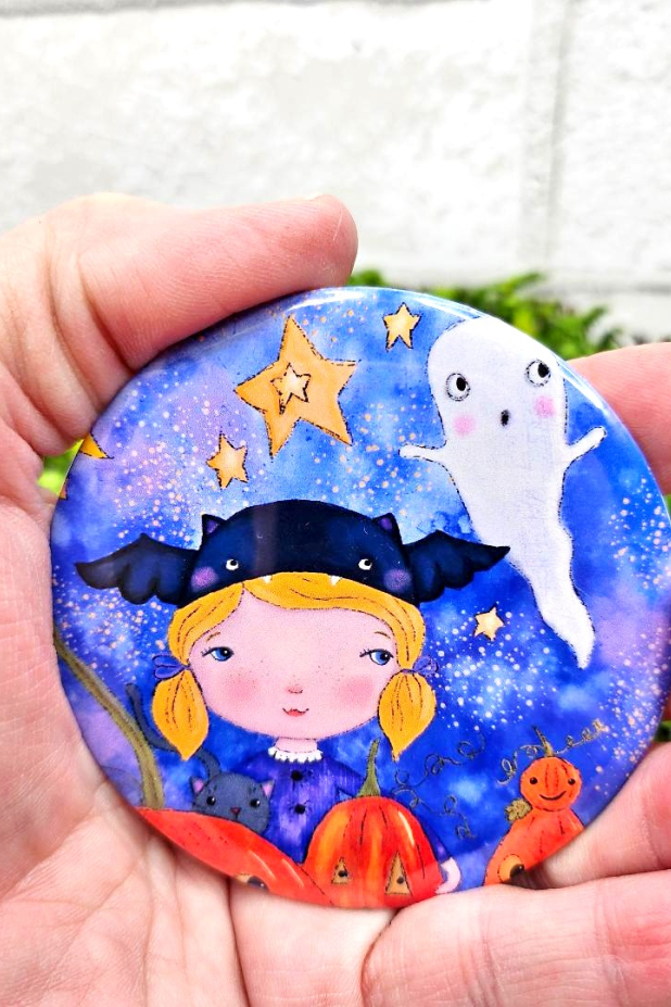 Halloween bat girl art button 3 inches - Pin Painting Print - art artwork vibran