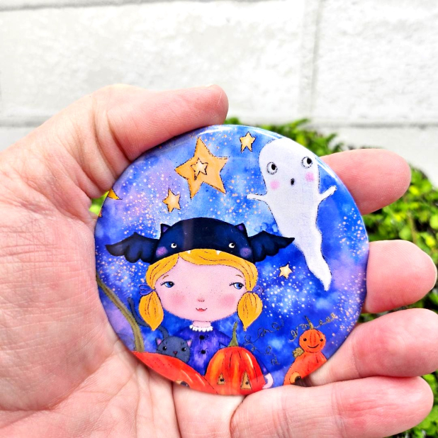 Halloween bat girl art button 3 inches - Pin Painting Print - art artwork vibran
