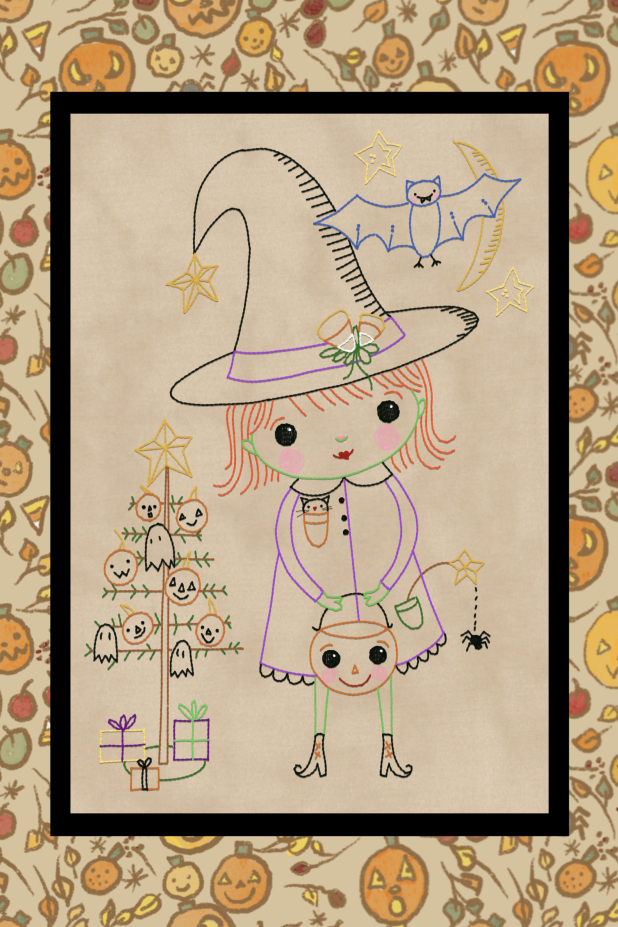 Witch's Halloween hand embroidery stitchery scene pattern