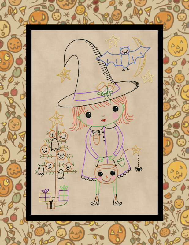Witch's Halloween hand embroidery stitchery scene pattern