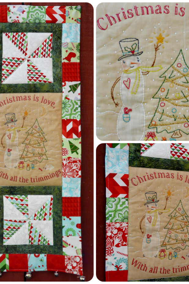 Christmas is love quilted embroidery wall hanging pattern 376 Frosty trimming tree embroidery patchwork pattern