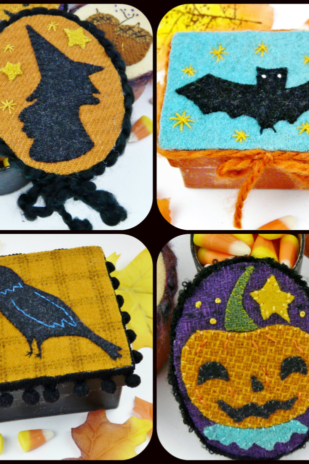 Halloween treat boxes- wool embroidery pattern- #393 Halloween pin ornaments treat box pattern