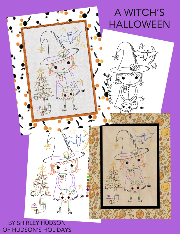 Witch's Halloween hand embroidery stitchery scene pattern
