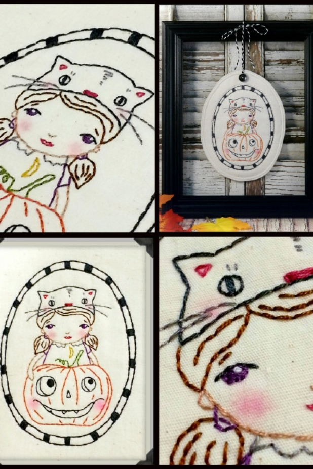 Too cute to spook Halloween embroidery pattern #373 cute kitty cat hat halloween girl pattern