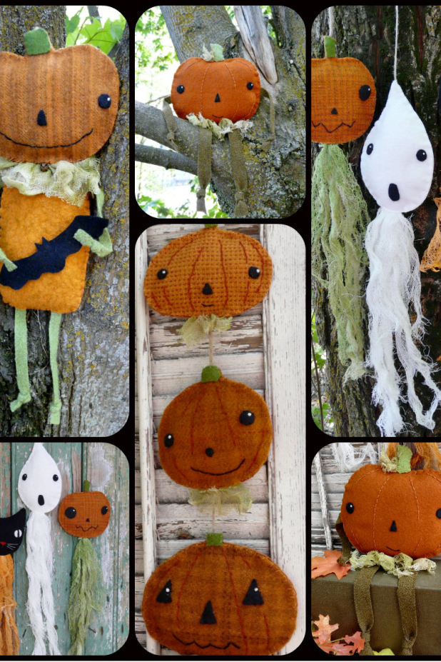 Vintage Halloween party - prim wool goodies pattern ghost cat