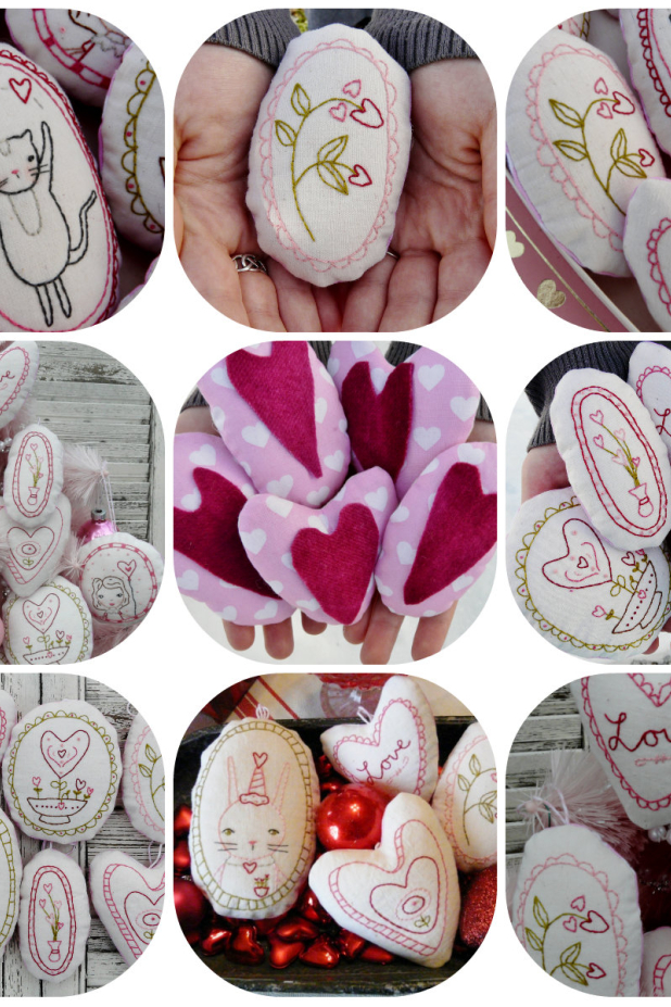 Sweetest Love- 8 embroidery designs, ornaments & bowl fillers pattern #380 bunny cat flowers hearts ornament hand embroidery pattern
