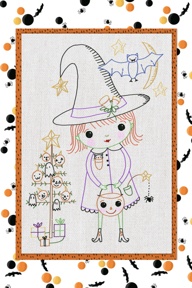 Witch's Halloween hand embroidery stitchery scene pattern