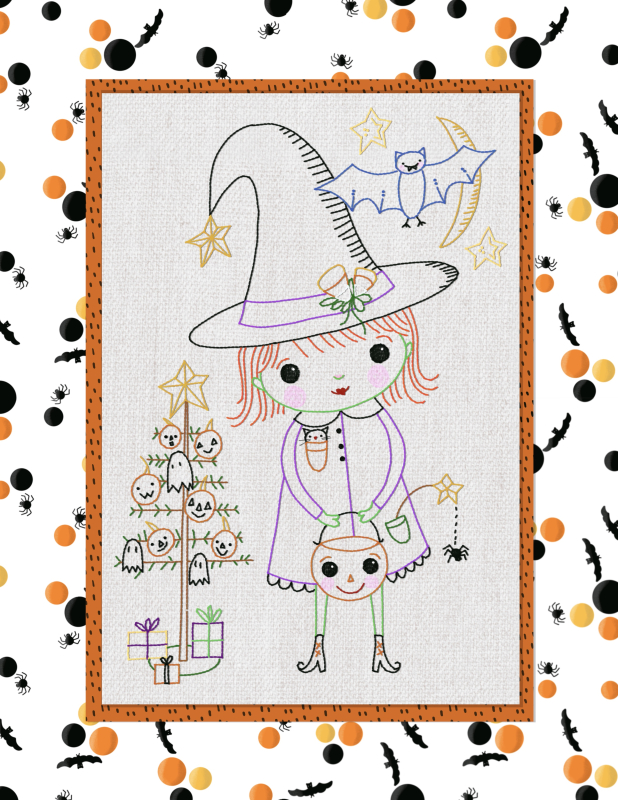 Witch's Halloween hand embroidery stitchery scene pattern