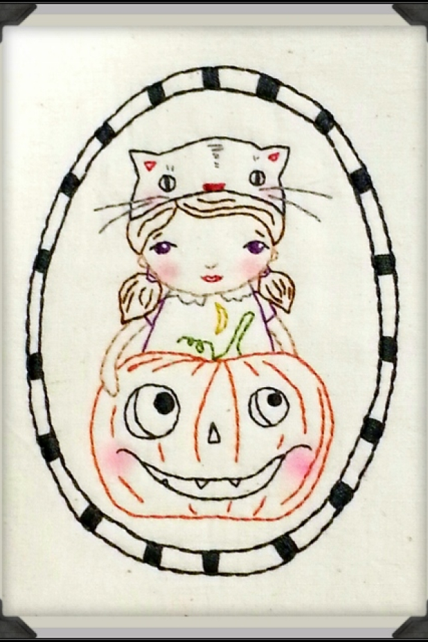 Too cute to spook Halloween embroidery pattern #373 cute kitty cat hat halloween girl pattern