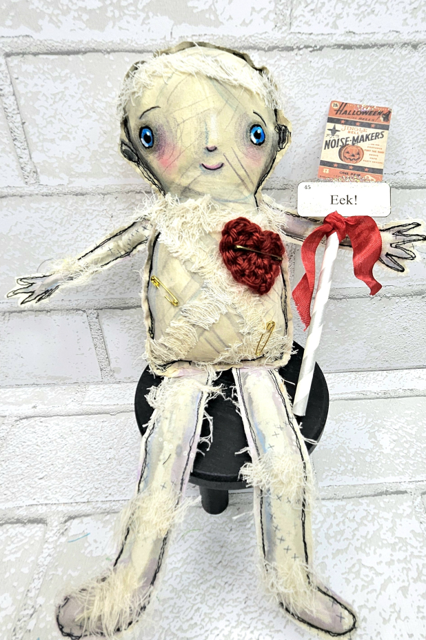 monster mummy art doll muslin painted ooak collectable
