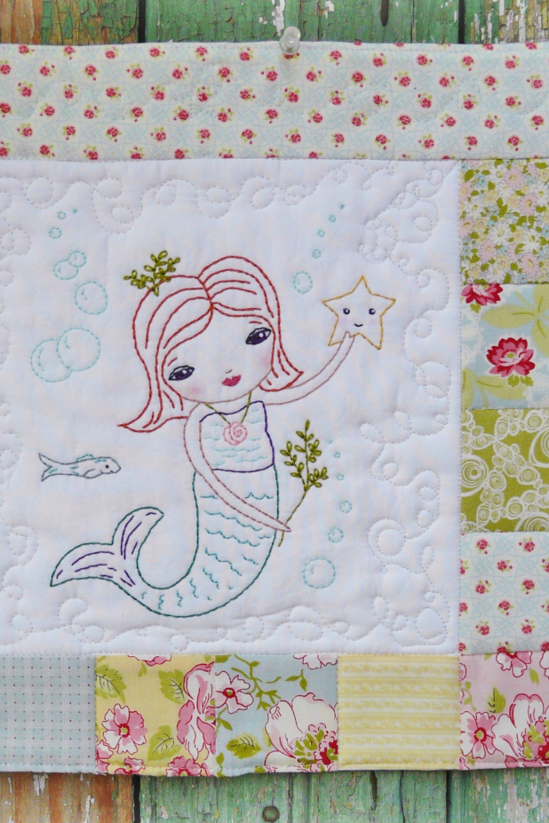 The Merry Mermaid embroidery mini quilt pattern, #371 mermaid under the sea embroidery quilt