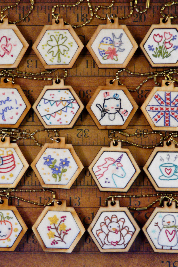mini hexie embroidery pendant designs