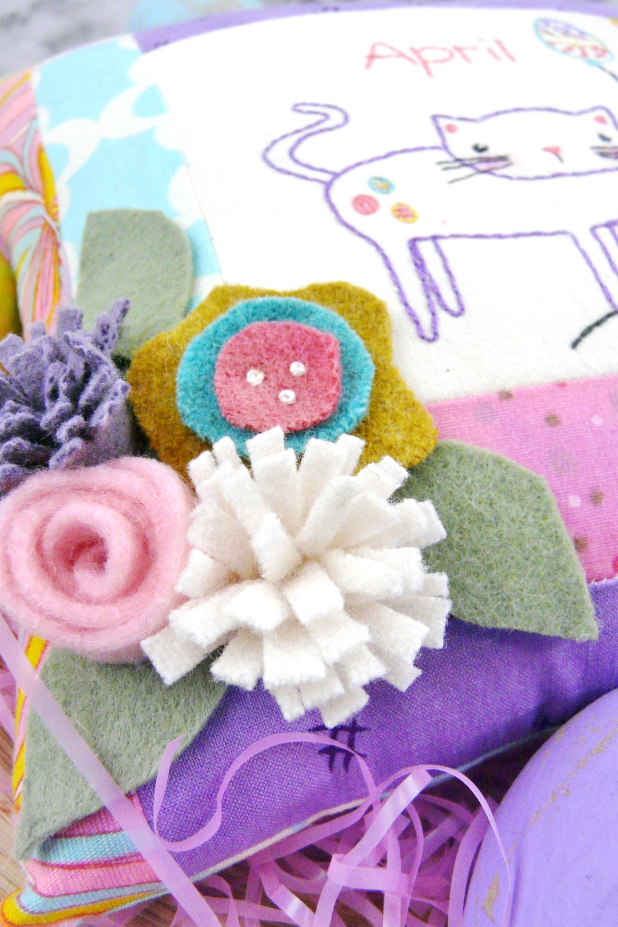 April Kitty Cat Embroidery pillow pattern #407 Easter cat kitten balloon celebrates april design