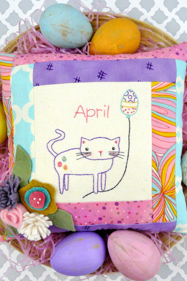 April Kitty Cat Embroidery pillow pattern #407 Easter cat kitten balloon celebrates april design