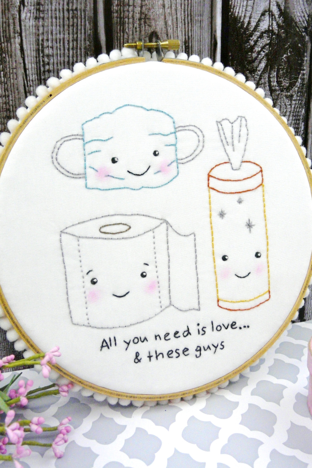 All you need is love ... and these guys embroidery pattern, #410 Toilet paper mask wipes pandemic fun pattern