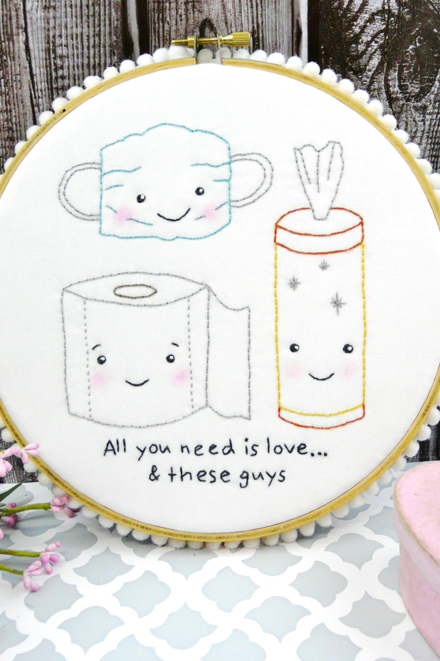 All you need is love ... and these guys embroidery pattern, #410 Toilet paper mask wipes pandemic fun pattern