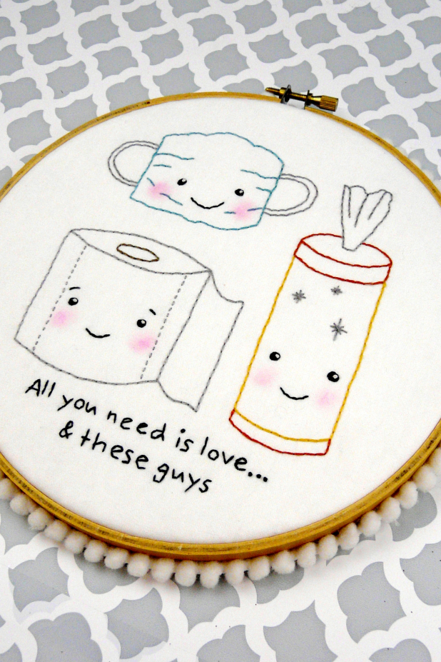 All you need is love ... and these guys embroidery pattern, #410 Toilet paper mask wipes pandemic fun pattern