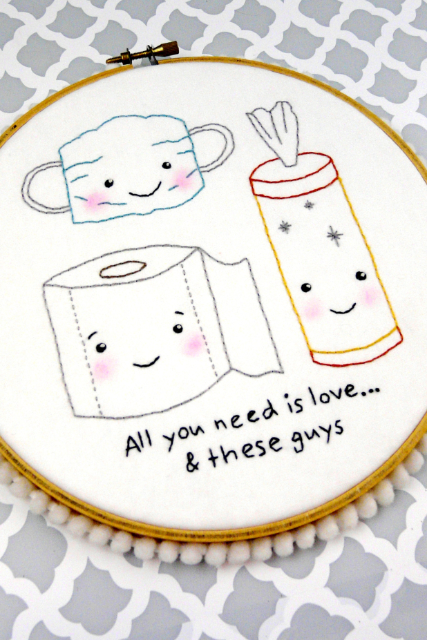 All you need is love ... and these guys embroidery pattern, #410 Toilet paper mask wipes pandemic fun pattern