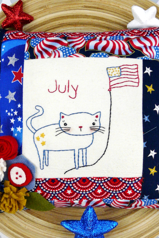 patriotic cat flag embroidery pattern with felt flowers