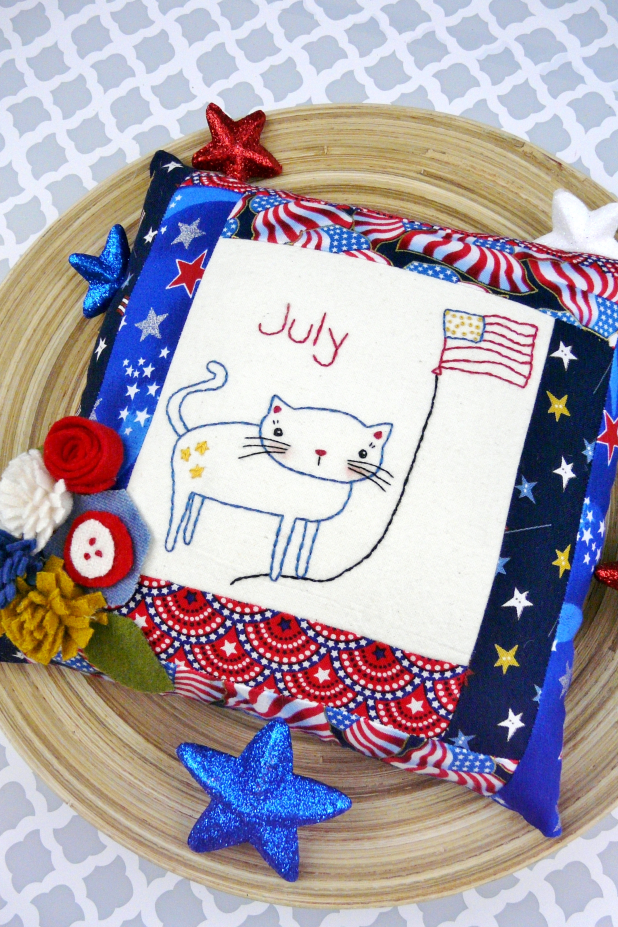 patriotic cat flag embroidery pattern with felt flowers