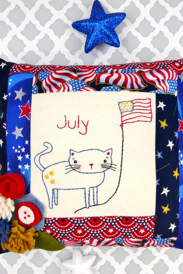 patriotic cat flag embroidery pattern with felt flowers