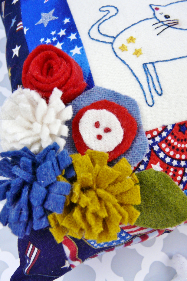 patriotic cat flag embroidery pattern with felt flowers